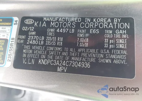 2012 Kia Sportage Ex z USA, uszkodzony, nr VIN KNDPC3A24C7304936